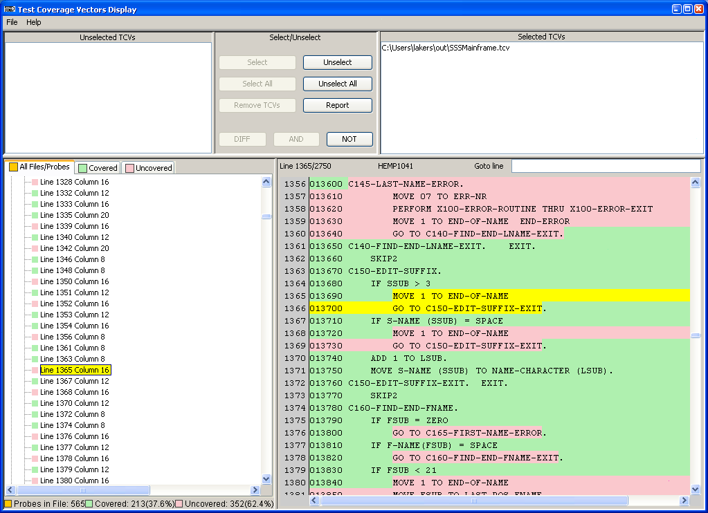 COBOL Test Coverage Display screen shot
